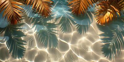 Sun shines through palm fronds casting shadows on clear waters of a tropical beach, creating a serene setting photo