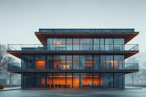 Glass office building at twilight with innovative design and elegant interiors, creating a minimalist atmosphere photo