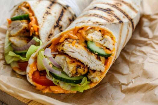 tortilla envuelve con pollo carne y vegetales. alto calidad foto