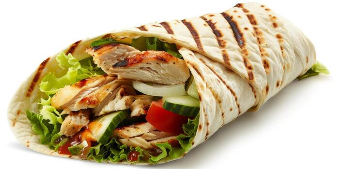 tortilla envolver con frito pollo carne y vegetales aislado en blanco antecedentes. alto calidad foto