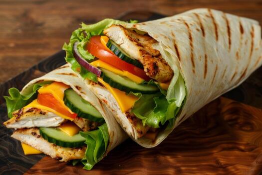 tortilla envuelve con pollo carne y vegetales. alto calidad foto