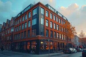 A charming vintage brick building with large windows, situated on a street corner during dusk. Warm lights glow from inside, creating a cozy atmosphere while trees with autumn leaves line the street. photo