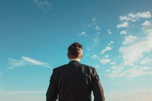 A man in a suit looks up at the sky with ambition, representing goals, determination, and aspiration photo