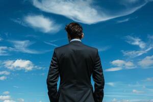 Rear view of a man in a suit looking at the sky, symbolizing ambition, aspiration, and future goals. photo