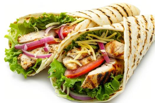 tortilla envolver con frito pollo carne y vegetales aislado en blanco antecedentes. alto calidad foto