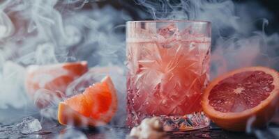 Savor the nostalgic charm of a grapefruit cocktail in a sophisticated glass, garnished with grapefruit slices. Experience timeless sophistication and sentimental allure in its elegant presentation photo