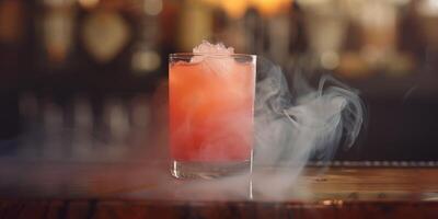 A stylish, vintage cocktail with a vibrant orange hue and a captivating smoky effect is served in a classic glass against a blurred background, creating a chic and classy ambiance photo