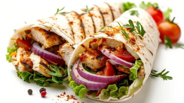 tortilla envolver con frito pollo carne y vegetales aislado en blanco antecedentes. alto calidad foto