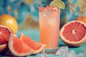A tall glass of refreshing grapefruit juice with a slice of lime, surrounded by fresh grapefruit halves. The image offers a vibrant and nostalgic retro vintage feel photo