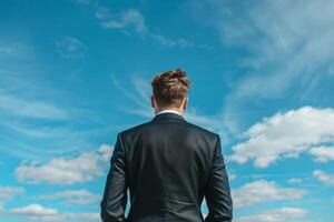 Back view of a man in a suit gazing at a blue sky with white clouds, symbolizing vision and ambition. photo