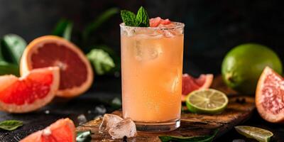 Savor a refreshing citrus cocktail made with grapefruit and lime, topped with mint, and served over crushed ice. Perfect for summer nights and social events. Handcrafted by a skilled mixologist photo