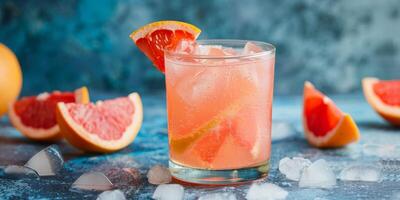 A tall glass of refreshing grapefruit juice with a slice of lime, surrounded by fresh grapefruit halves. The image offers a vibrant and nostalgic retro vintage feel photo