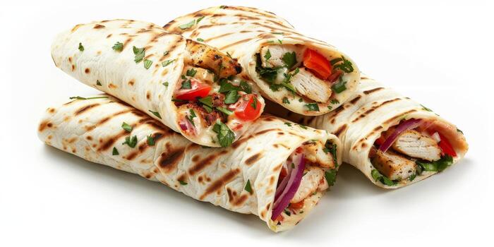 tortilla envolver con frito pollo carne y vegetales aislado en blanco antecedentes. alto calidad foto
