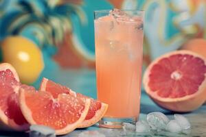 A tall glass of refreshing grapefruit juice with a slice of lime, surrounded by fresh grapefruit halves. The image offers a vibrant and nostalgic retro vintage feel photo