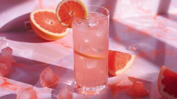 A vintage-inspired photograph featuring a refreshing grapefruit drink surrounded by ice cubes and grapefruit slices. The soft pink hue and lighting evoke a nostalgic, summery feel. photo