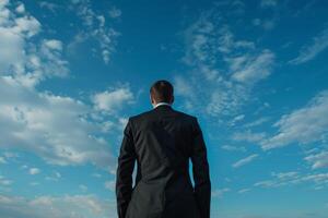 Back view of a businessman in a suit staring at a blue sky filled with white clouds, symbolizing prospects. photo