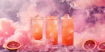 A retro foggy background showcases three stylish grapefruit cocktails in tall glasses with grapefruit halves, creating an exquisite and vintage setting with an artistic and evocative feel photo