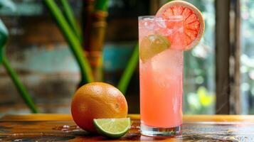 A vibrantly colored grapefruit cocktail with retro style, garnished with a grapefruit slice and sugared rim, displayed against a rustic background, ideal for cooling off in the summer photo