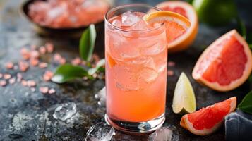 A vintageinspired grapefruit cocktail with ice cubes, lime, and grapefruit slices on a rustic surface. Its a refreshing and colorful drink with a creative and aesthetic presentation photo