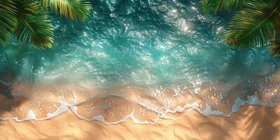 Aerial view of a tropical beach with clear water, golden sand, and lush greenery. Perfect for travel vibes. photo