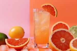 A vibrant, vintage-style photo featuring a refreshing citrus drink in a glass with ice, garnished with a grapefruit slice, surrounded by grapefruits and lemons on a colorful background.