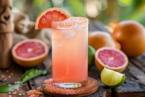 A vibrantly colored grapefruit cocktail with retro style, garnished with a grapefruit slice and sugared rim, displayed against a rustic background, ideal for cooling off in the summer photo