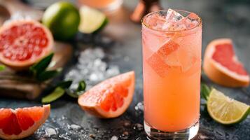 A vintageinspired grapefruit cocktail with ice cubes, lime, and grapefruit slices on a rustic surface. Its a refreshing and colorful drink with a creative and aesthetic presentation photo