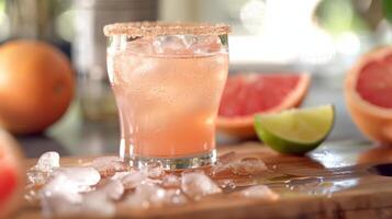 A vibrantly colored grapefruit cocktail with retro style, garnished with a grapefruit slice and sugared rim, displayed against a rustic background, ideal for cooling off in the summer photo