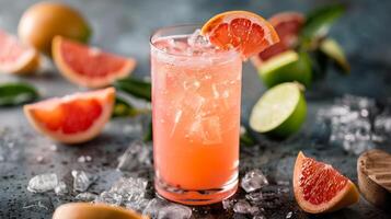 Enjoy the vibrant taste of a grapefruit cocktail in a retro setting, complemented with ice, lime, and zest. Perfect for a vintagethemed summer party with a refreshing and fruity twist photo
