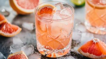 A refreshing vintagestyle grapefruit cocktail is elegantly served over ice in a beautifully designed glass, adorned with fresh grapefruit slices, exuding a charmingly nostalgic vibe photo
