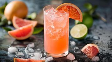 A vintageinspired grapefruit cocktail with ice cubes, lime, and grapefruit slices on a rustic surface. Its a refreshing and colorful drink with a creative and aesthetic presentation photo