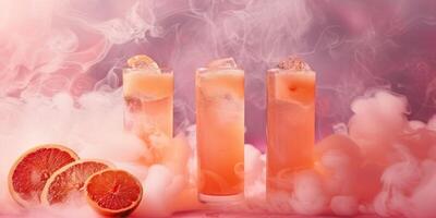 A retro foggy background showcases three stylish grapefruit cocktails in tall glasses with grapefruit halves, creating an exquisite and vintage setting with an artistic and evocative feel photo