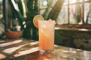 Enjoy the chic ambiance of a retro bar while savoring a pink grapefruit cocktail, a refreshing blend of ice, lime, and tropical flavors. Embrace the elegant setting and celebrate in style photo
