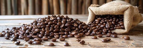 Roasted coffee beans spill from a burlap sack on a rustic wooden surface, creating an aromatic scene photo