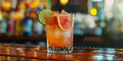 Sip on a citrus cocktail with lime and grapefruit slices in a lively bar for a refreshing drink experience photo
