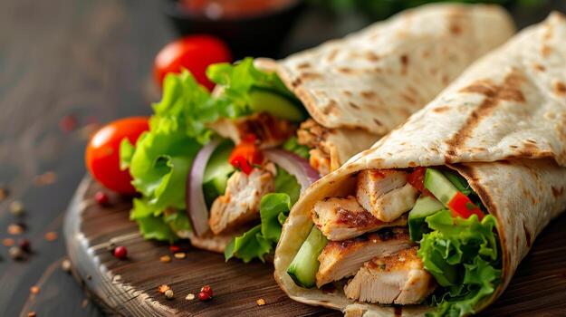 tortilla envuelve con pollo carne y vegetales. alto calidad foto
