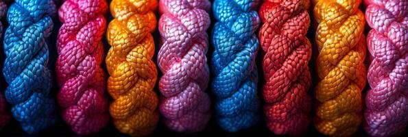Vibrant close-up of colorful braided ropes showing intricate texture and pattern for background use. photo