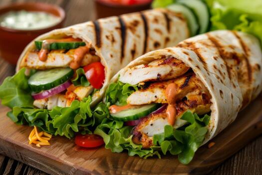 tortilla envuelve con pollo carne y vegetales. alto calidad foto