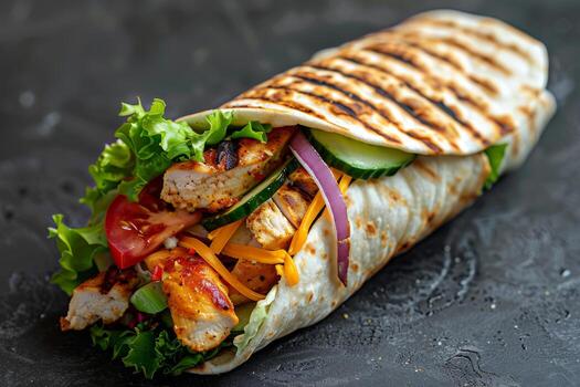 tortilla envuelve con pollo carne y vegetales. alto calidad foto