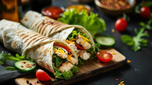 tortilla envuelve con pollo carne y vegetales. alto calidad foto