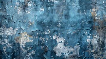 A detailed view of weathered blue paint peeling off an old wall, revealing a textured and worn surface photo
