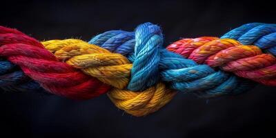 A closeup image of a brightly colored knotted rope symbolizing unity and strength against a dark background photo