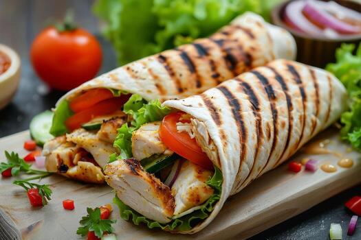 tortilla envuelve con pollo carne y vegetales. alto calidad foto