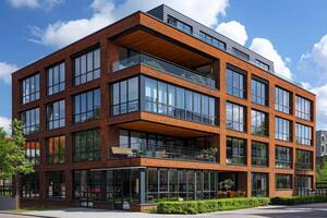 The ultramodern office building features a striking brick facade, large windows, and a rooftop terrace, all framed by a beautiful blue sky, creating a sleek and impressive architectural statement photo