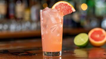 Enjoy the chic ambiance of a retro bar while savoring a pink grapefruit cocktail, a refreshing blend of ice, lime, and tropical flavors. Embrace the elegant setting and celebrate in style photo