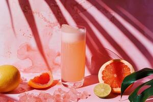 A vibrant citrus drink in a tall glass, surrounded by grapefruit, lemon, lime, ice, and green leaves. photo