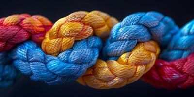 This showcases a colorful and ornate arrangement of intricately knotted ropes, forming a lively and captivating pattern photo