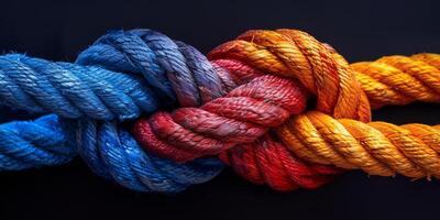 Blue, red, and orange intertwined ropes create a knot against a dark backdrop, showing a vibrant connection photo