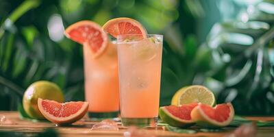 Refreshing tropical grapefruit cocktails with lime, ice, and fresh citrus slices on a natural green background. photo