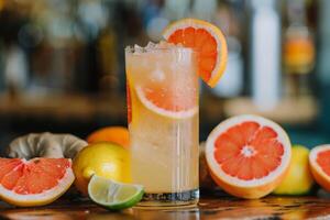 A refreshing cocktail, with grapefruit and citrus fruits, served in a vintage style, perfect for a summer day. Its a festive, colorful, and delicious drink that adds a retro touch to any celebration photo